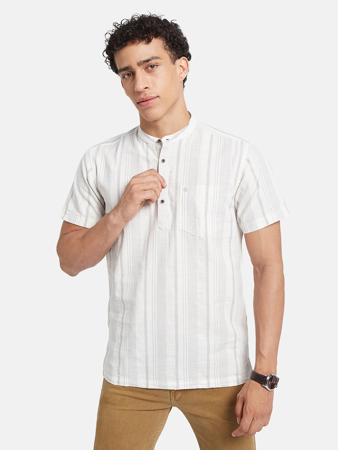 METTLE Striped Mandarin Collar Cotton Casual Shirt