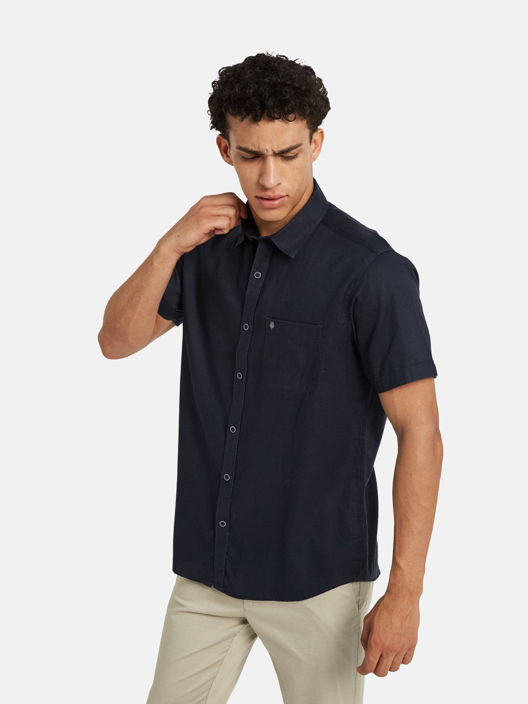 METTLE Spread Collar Cotton Short Sleeves Cotton Casual Shirt