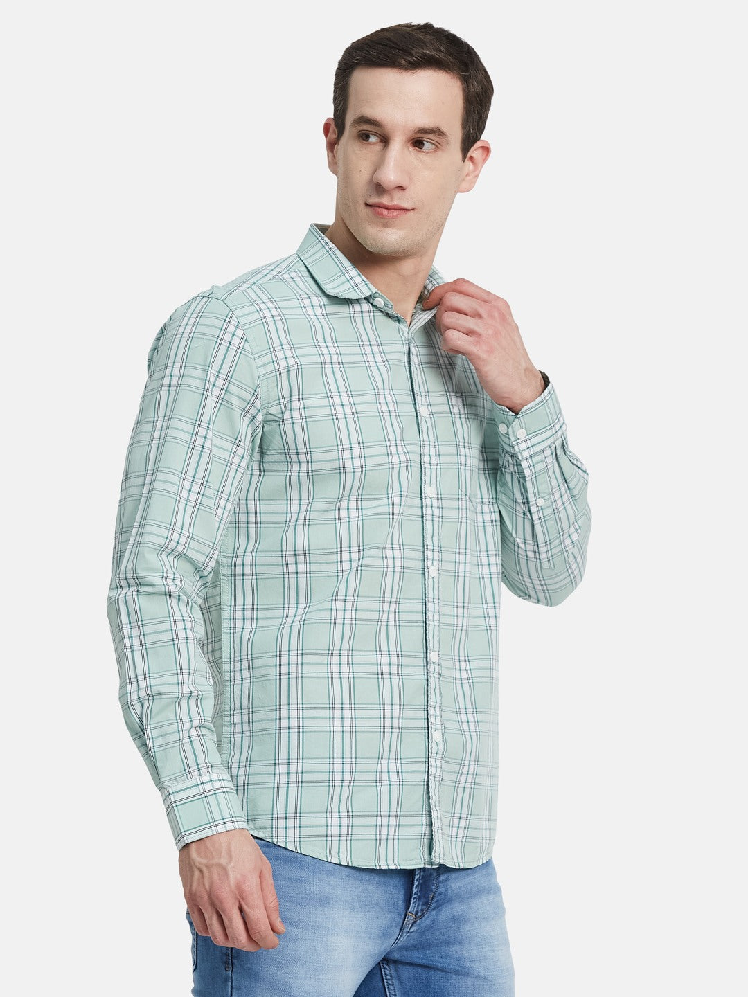 METTLE Men Spread Collar Tartan Checked Cotton Casual Shirt