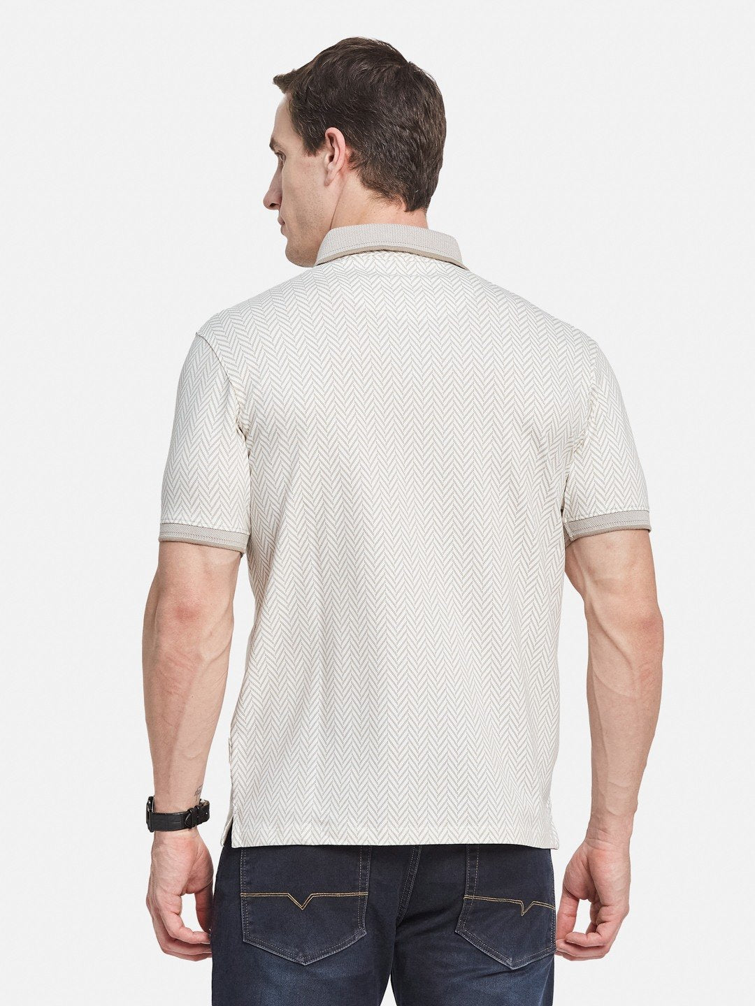 AOP MOTIF PRINT POLO NECK SINGLE JERSEY KNIT LYCRA T-SHIRT