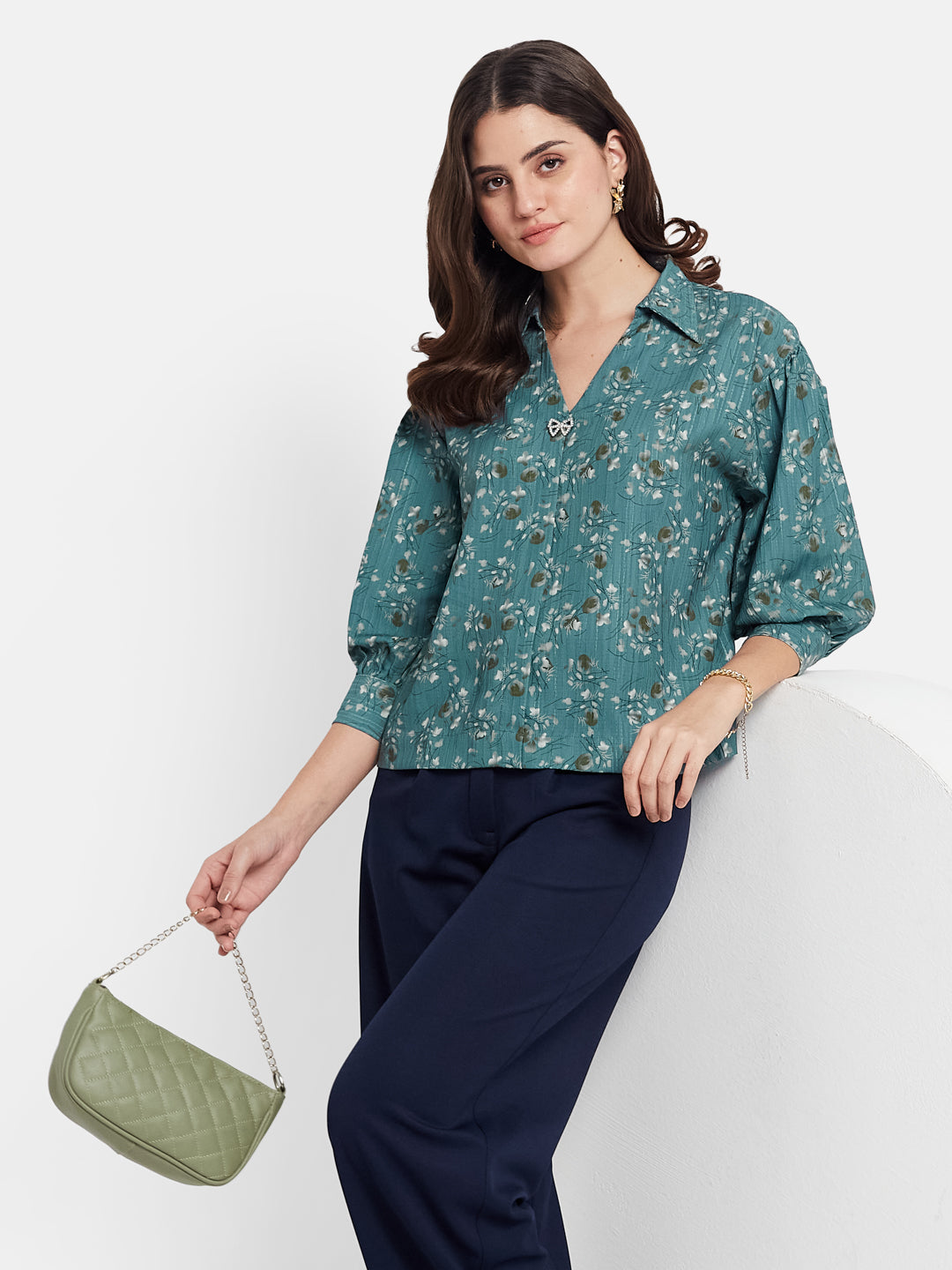 METTLE Women Floral Printed Shirt Collar Cotton Top