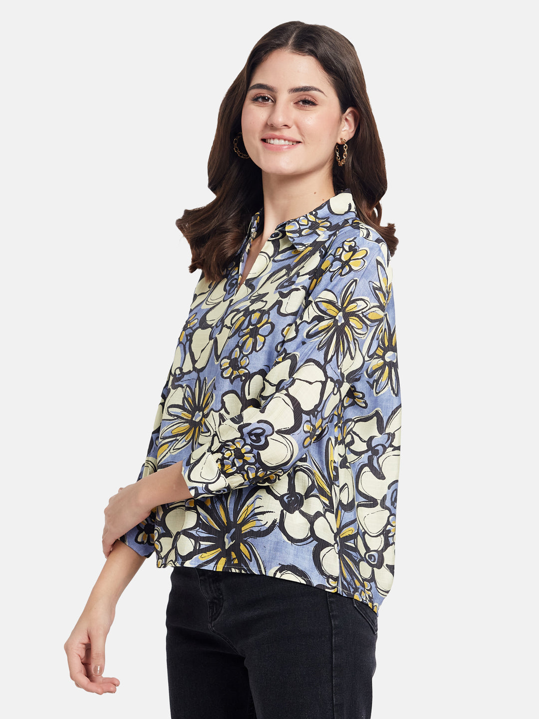 METTLE Women Floral Printed Shirt Collar Cuffed Sleeves Cotton Top