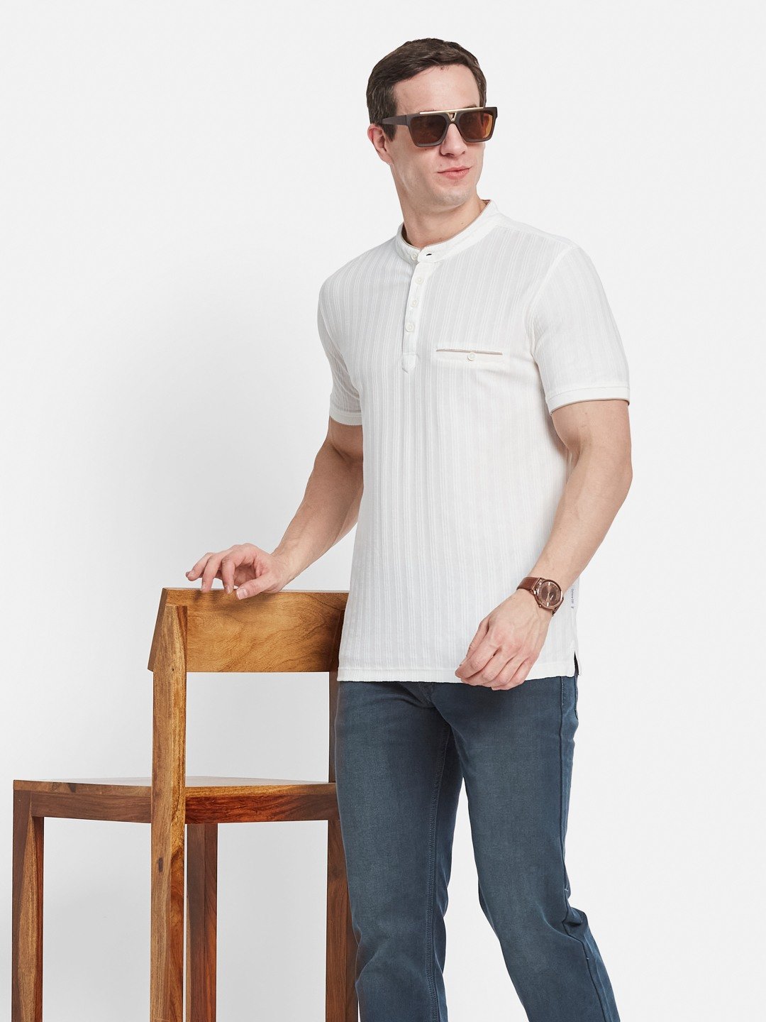 Octave Men Striped Mandarin Collar Monochrome T-shirt