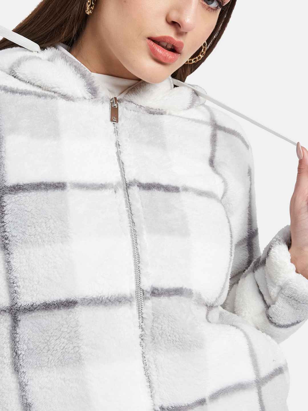 METTLE Women Checked Hooded Sweatshirt