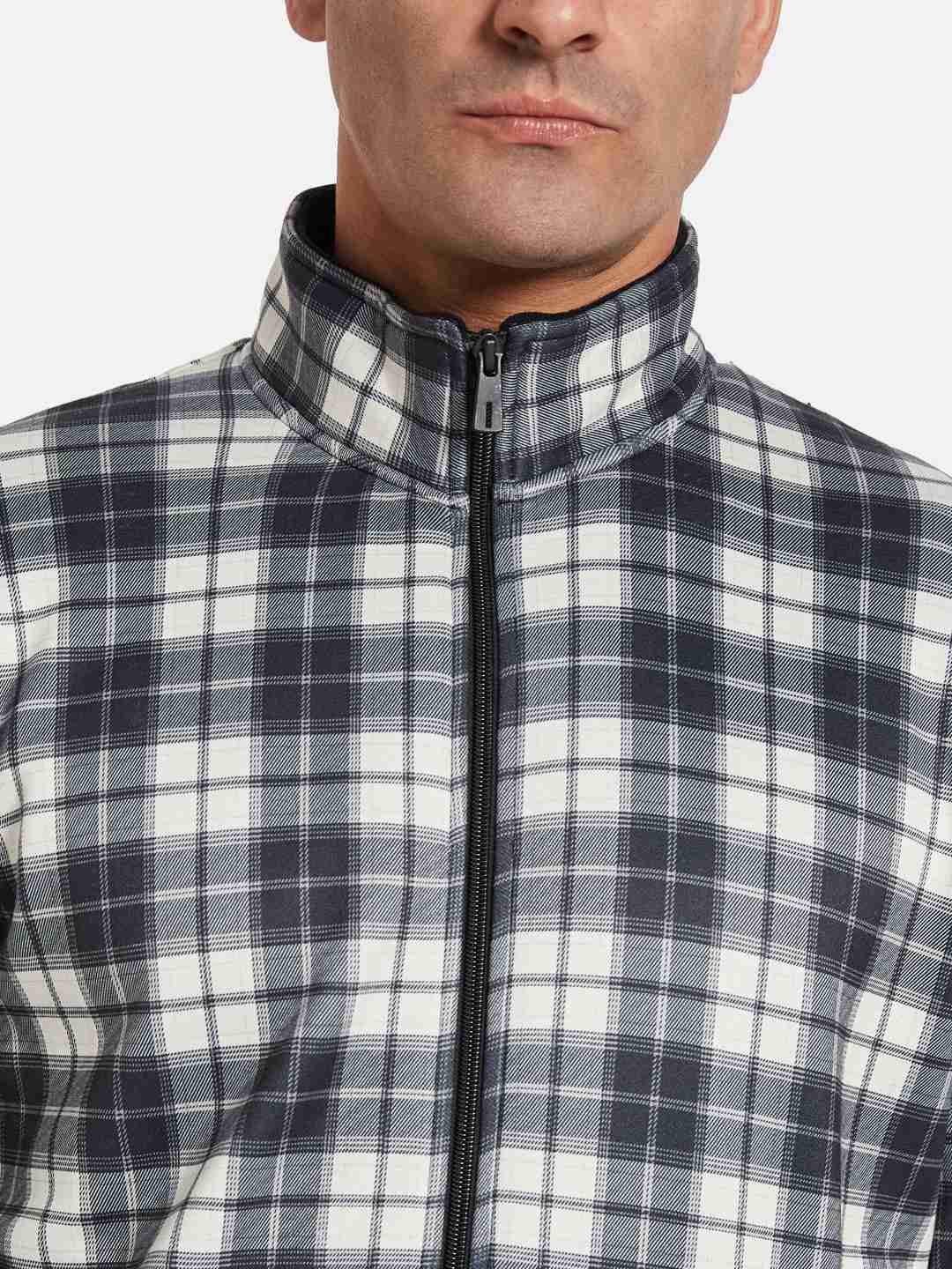 Octave Men Checked Mandarin Collar Front-Open Sweatshirt