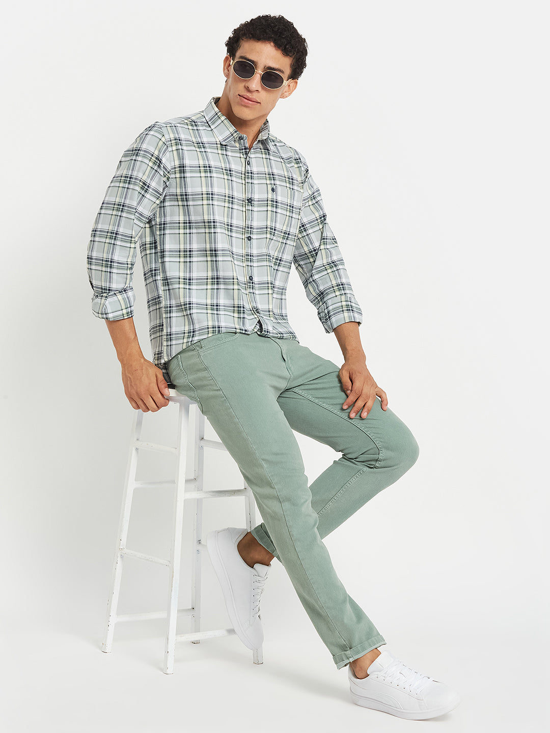 METTLE Men Tartan Checked Spread Collar Cotton Casual Shirt