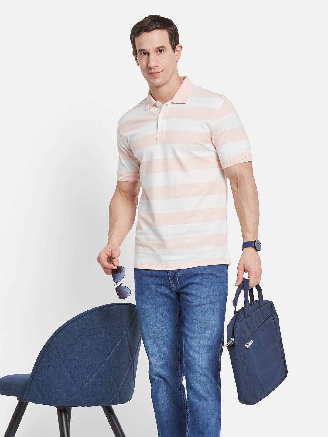 STRIPE POLO NECK PIQUE LYCRA T-SHIRT