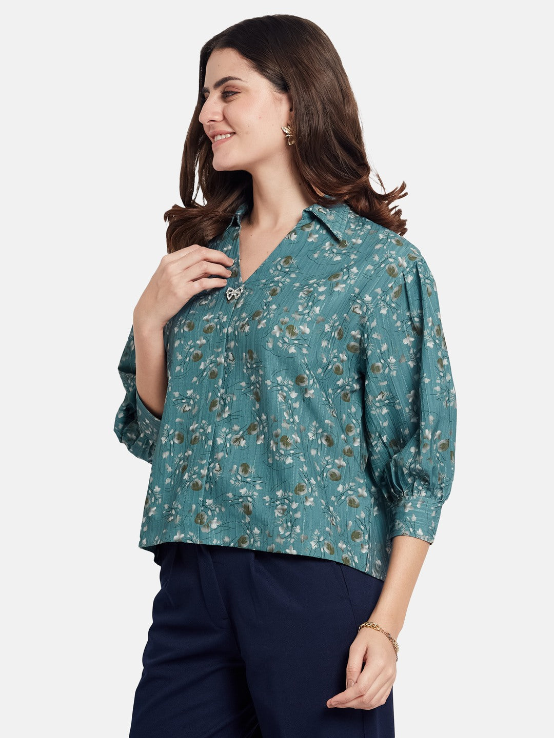 METTLE Women Floral Printed Shirt Collar Cotton Top