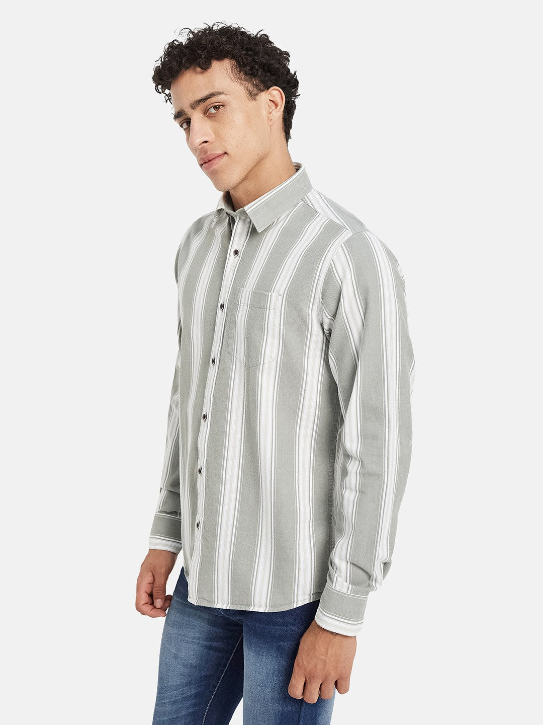 METTLE Men Vertical Striped Spread Collar Cotton Casual Shirt