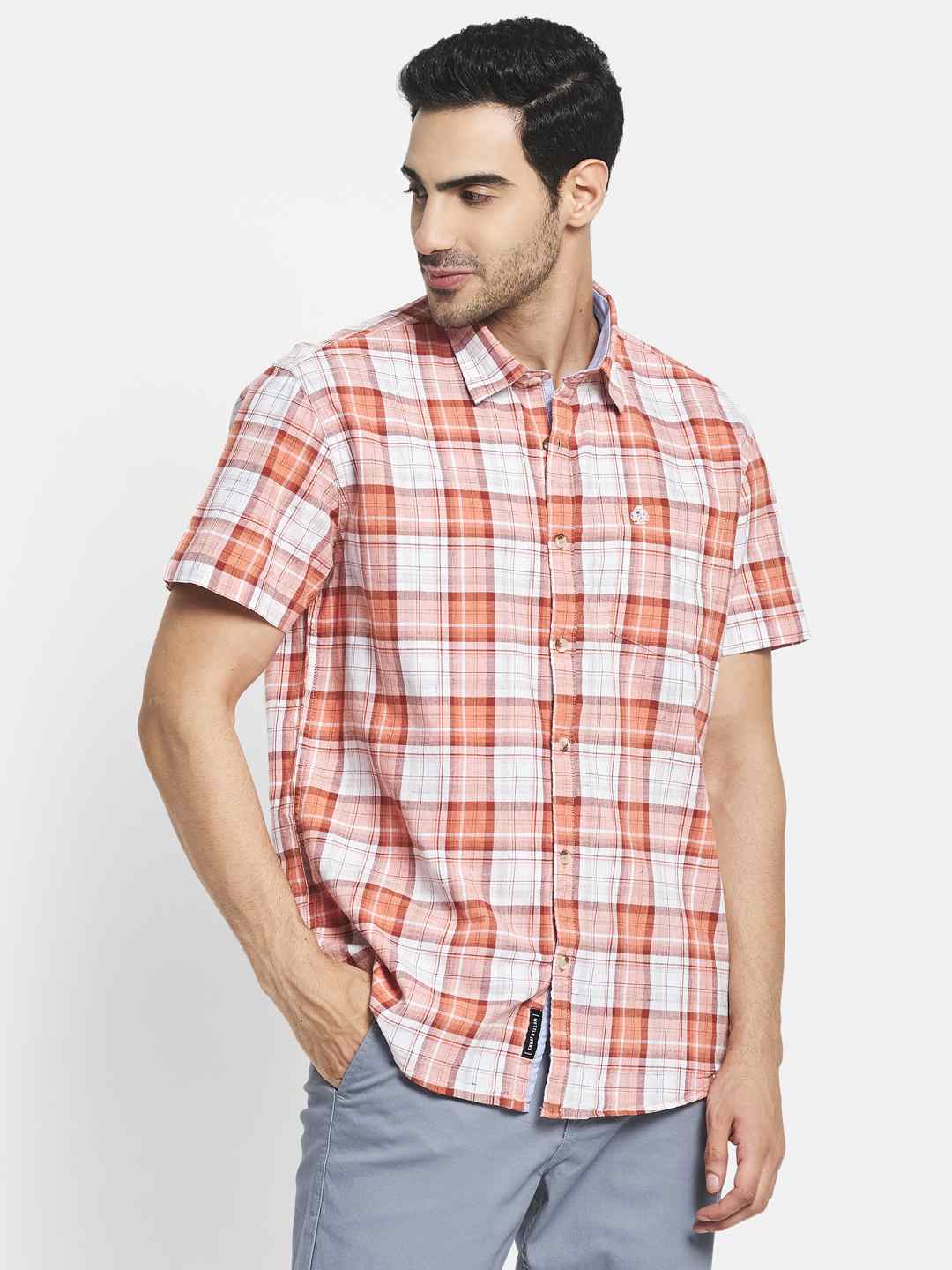 Men Orange Tartan Checks Checked Casual Shirt