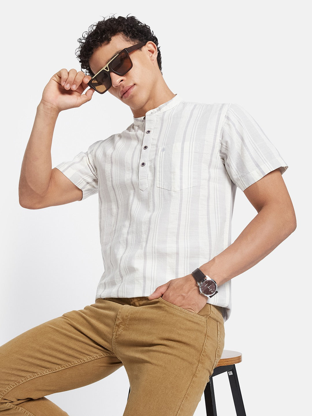 METTLE Striped Mandarin Collar Cotton Casual Shirt