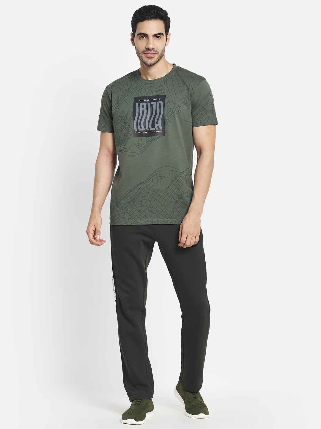 Octave Men Olive Green  Goblin Blue Typography Printed Raw Edge T-Shirt