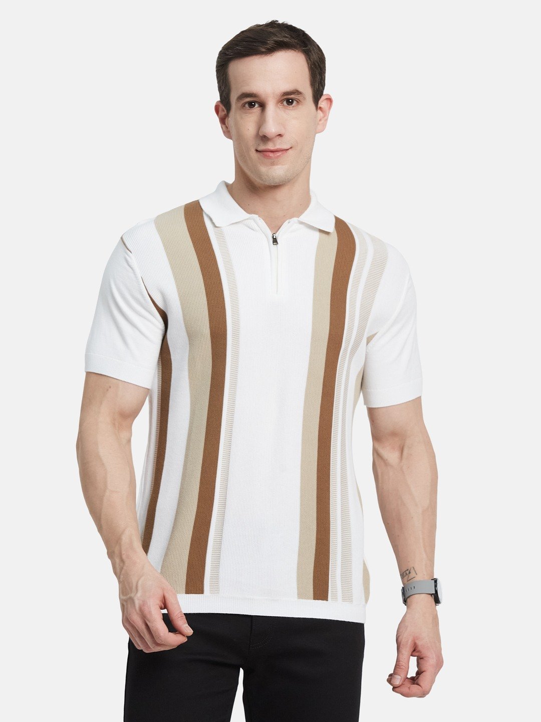 METTLE Men Striped Polo Collar Cotton T-shirt