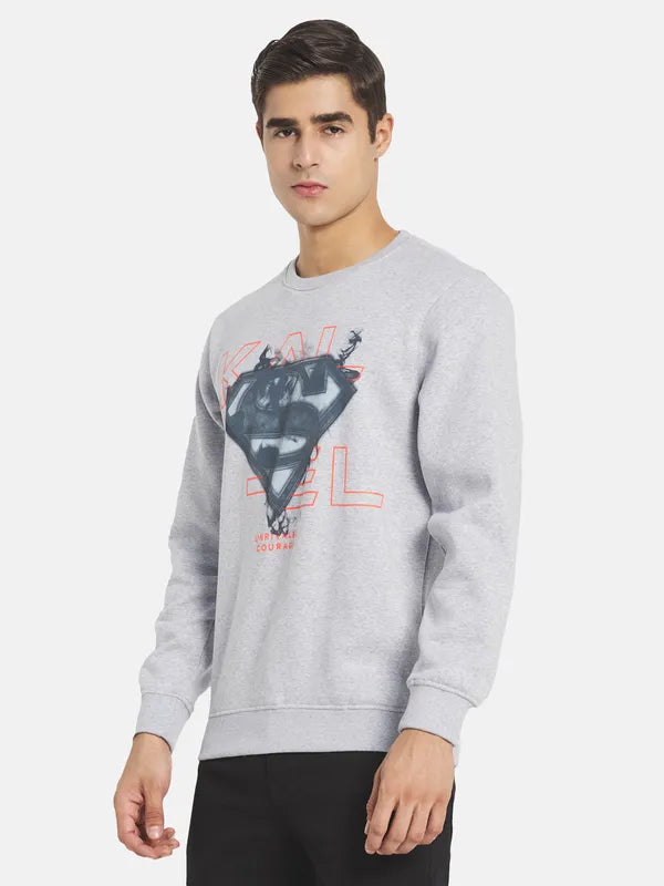 Plus Size Men Grey Melange Printed Sweatshirt