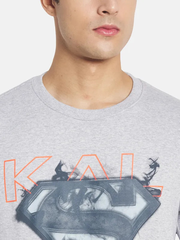 Plus Size Men Grey Melange Printed Sweatshirt