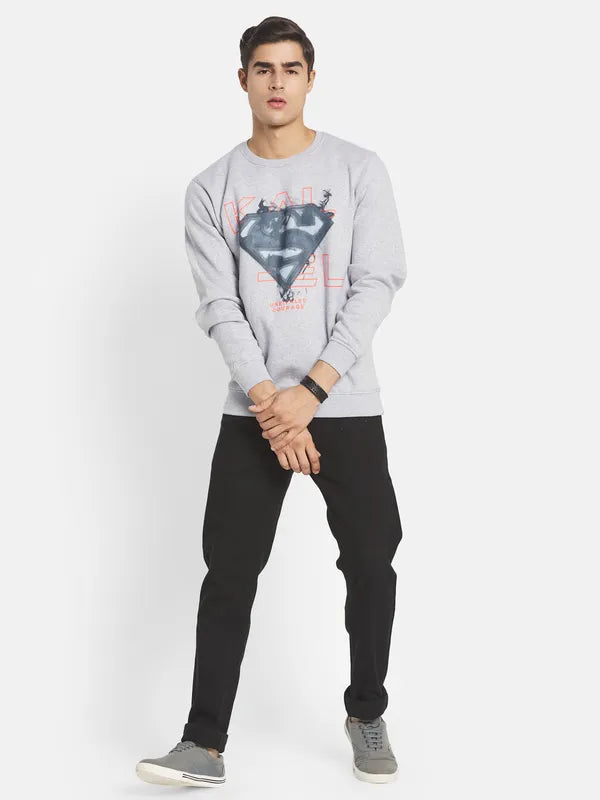 Plus Size Men Grey Melange Printed Sweatshirt