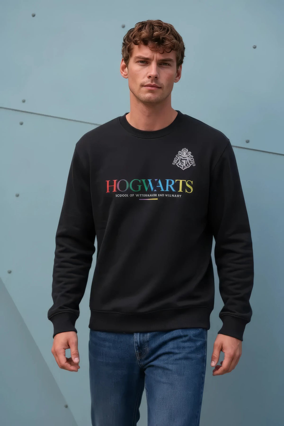 Men’s Dark Navy Cotton Brushed Fleece Hogwarts Graphic Sweatshirt – Regular Fit