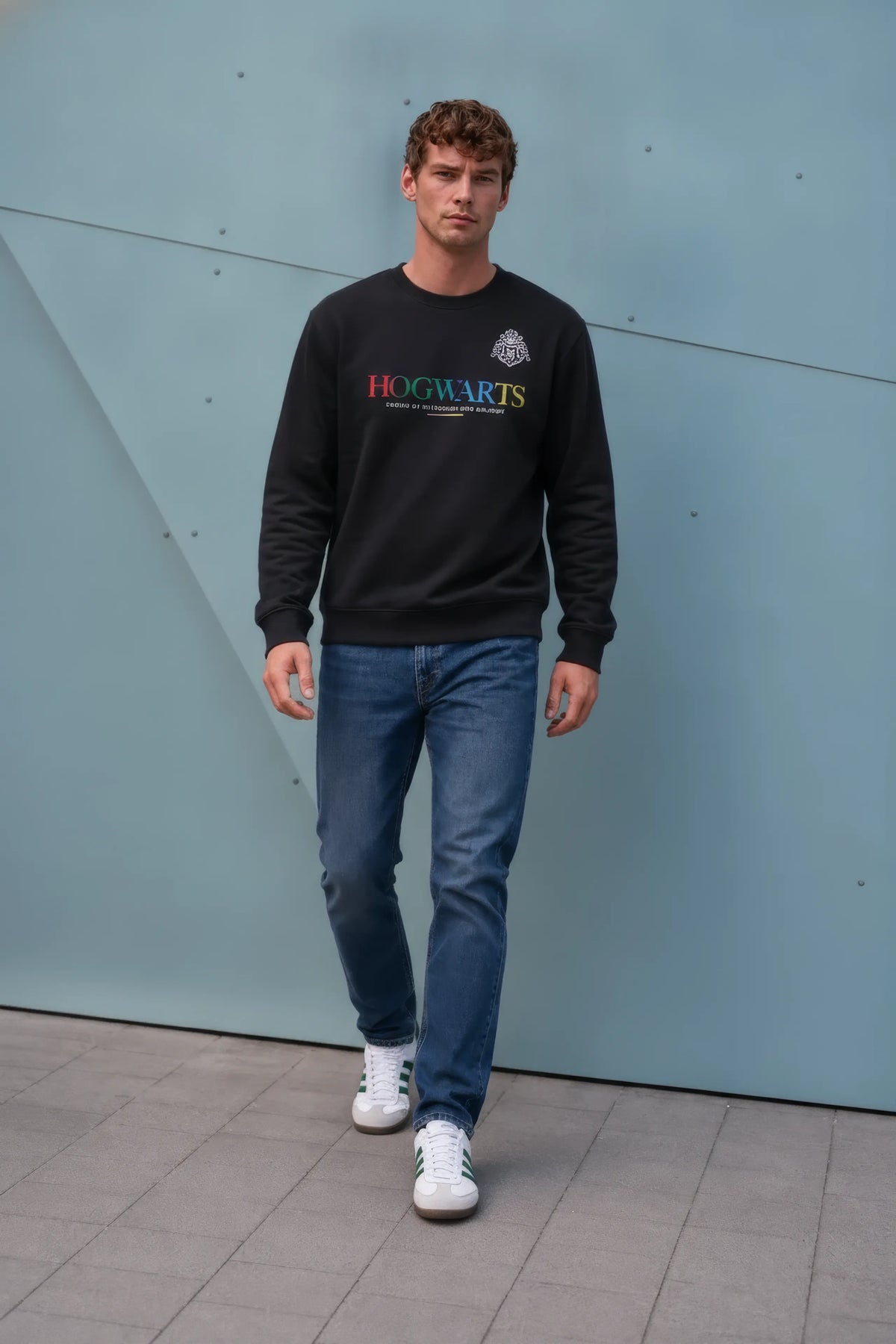 Men’s Dark Navy Cotton Brushed Fleece Hogwarts Graphic Sweatshirt – Regular Fit