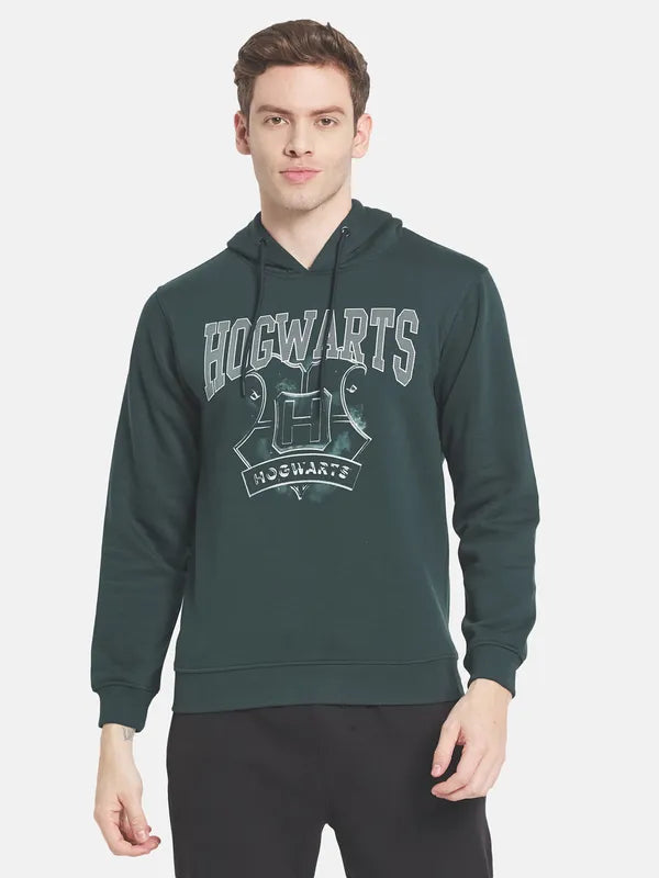 Men Green Printed Hooded Fleece Sweatshirt