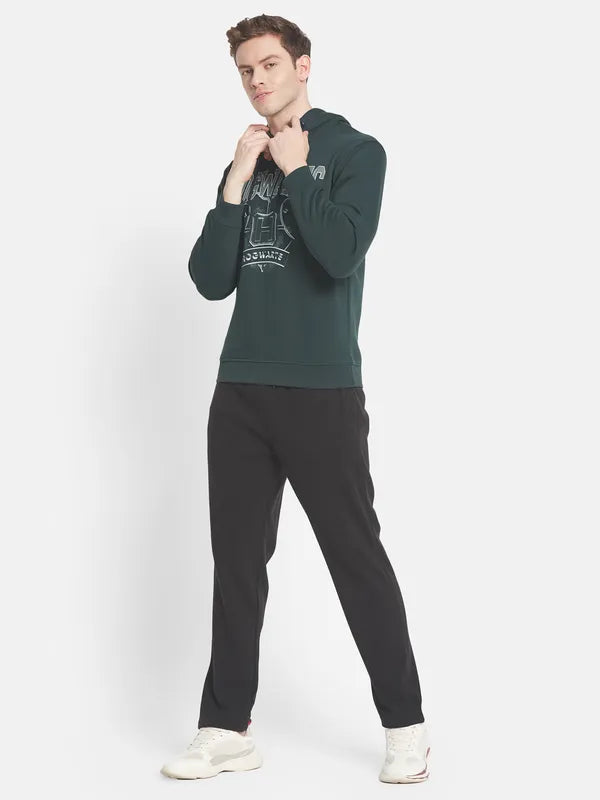 Men Green Printed Hooded Fleece Sweatshirt