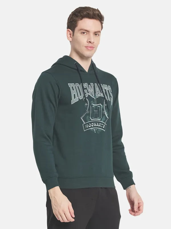 Men Green Printed Hooded Fleece Sweatshirt