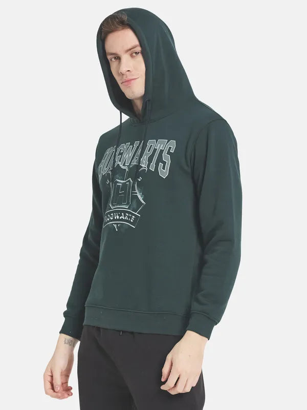 Men Green Printed Hooded Fleece Sweatshirt