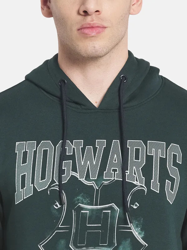 Men Green Printed Hooded Fleece Sweatshirt