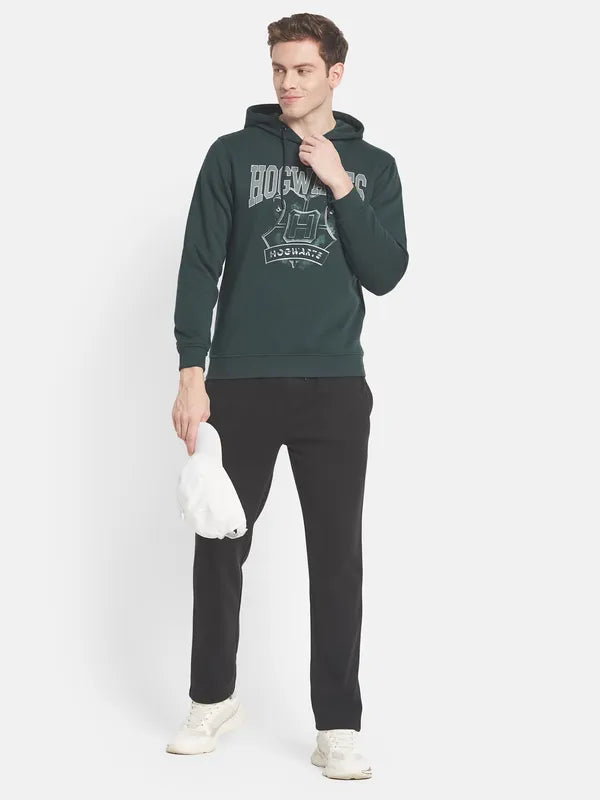 Men Green Printed Hooded Fleece Sweatshirt