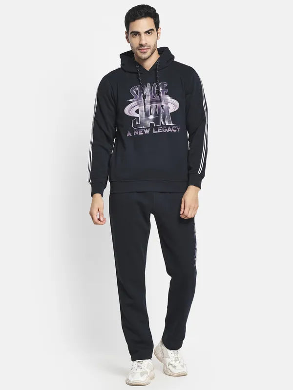 Men Navy Blue Printed Cotton Tracksuit
