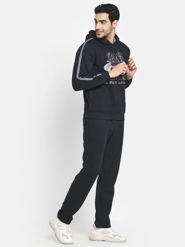 Men Navy Blue Printed Cotton Tracksuit