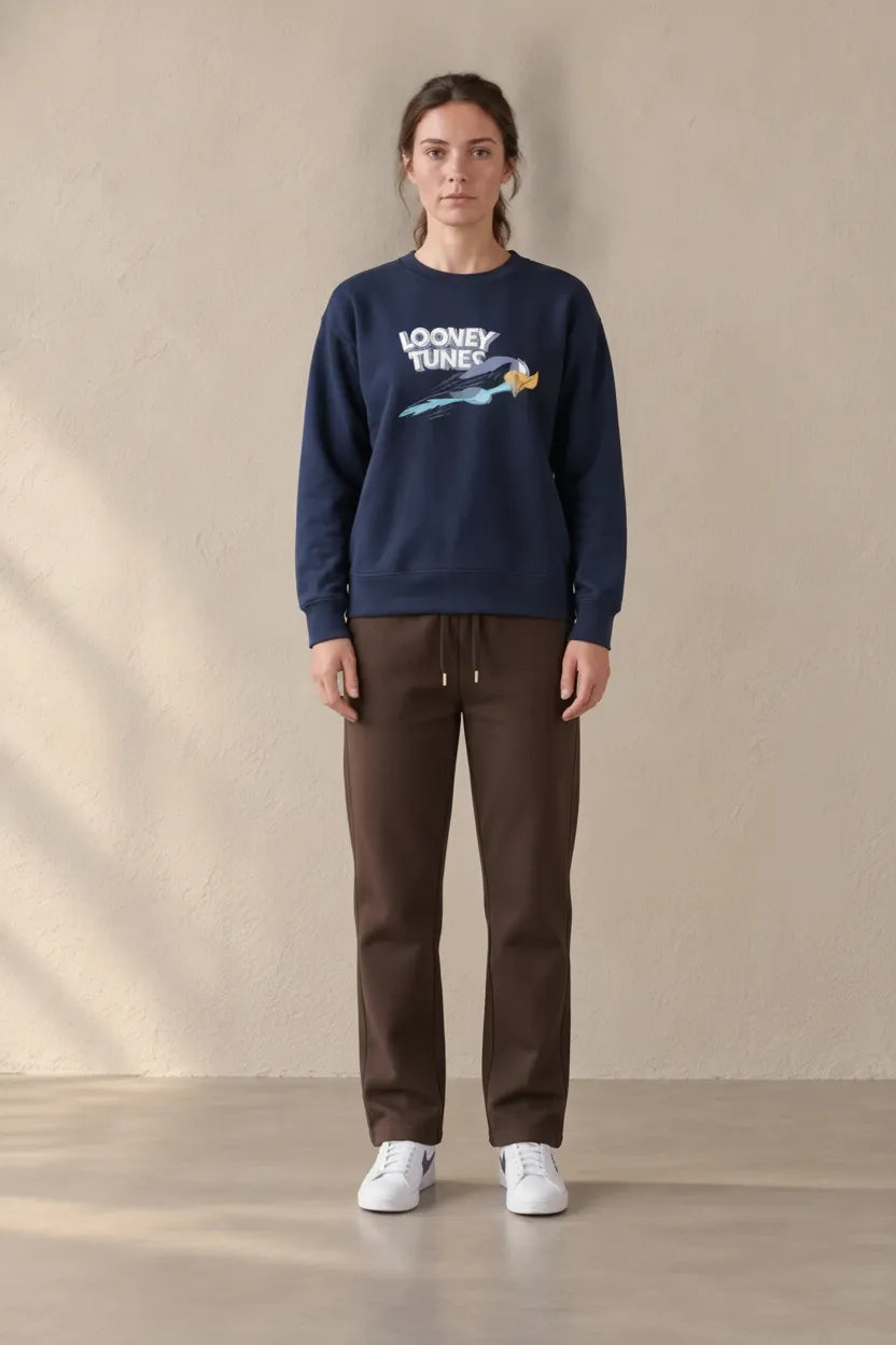 Women’s Navy Knitted Cotton Fleece Looney Tunes Graphic Sweatshirt – Regular Fit