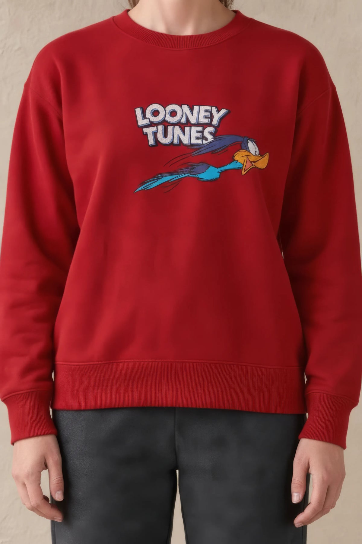 Women’s Tomato Brushed Cotton Looney Tunes Road Runner Sweatshirt | Regular Fit Crew Neck Graphic Sweatshirt