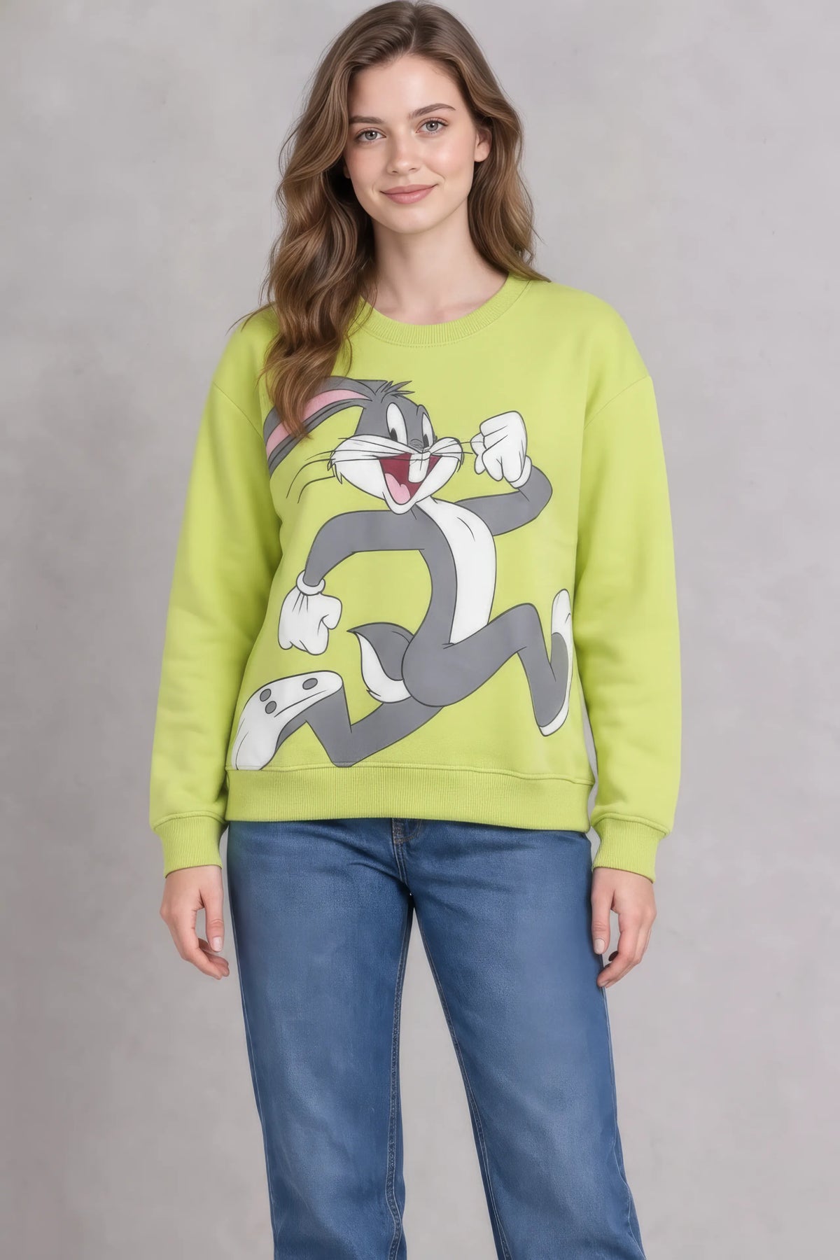 Women’s Lime Green Knitted Cotton Fleece Looney Tunes Graphic Sweatshirt – Regular Fit
