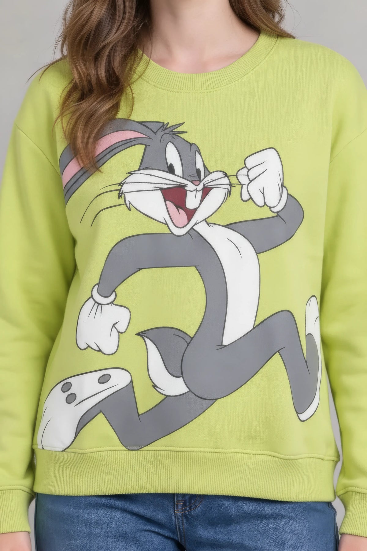 Women’s Lime Green Knitted Cotton Fleece Looney Tunes Graphic Sweatshirt – Regular Fit