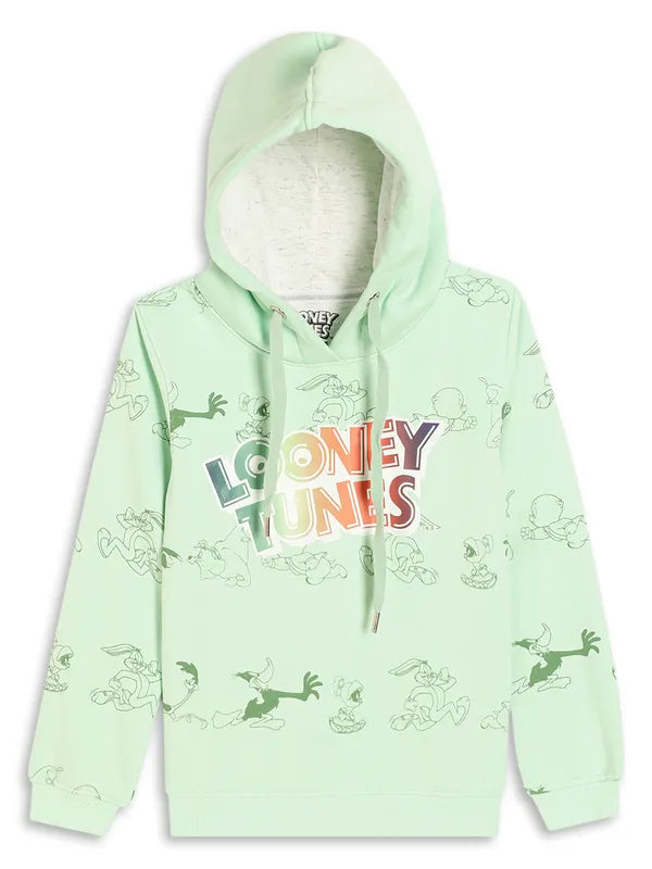 Mettle Girls Green Printed Hooded Sweatshirt