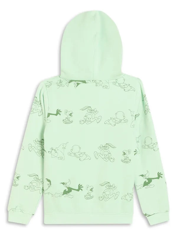 Mettle Girls Green Printed Hooded Sweatshirt