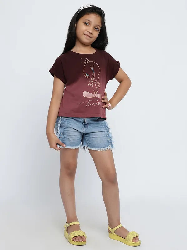 Mettle Girls Graphic Printed Extended Sleeves Cotton Casual T-Shirt