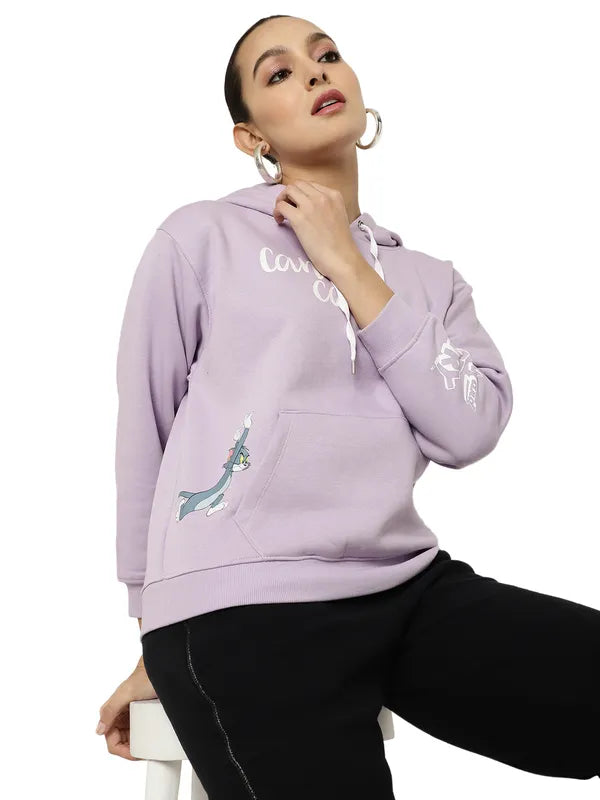 Mettle Women Purple Printed Hooded Sweatshirt