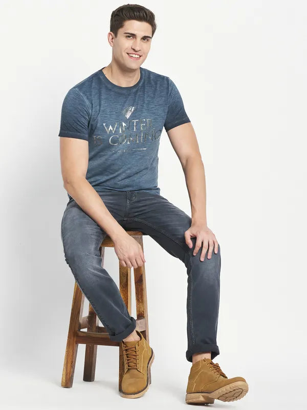 Octave Men Blue Typography Printed Raw Edge T-Shirt