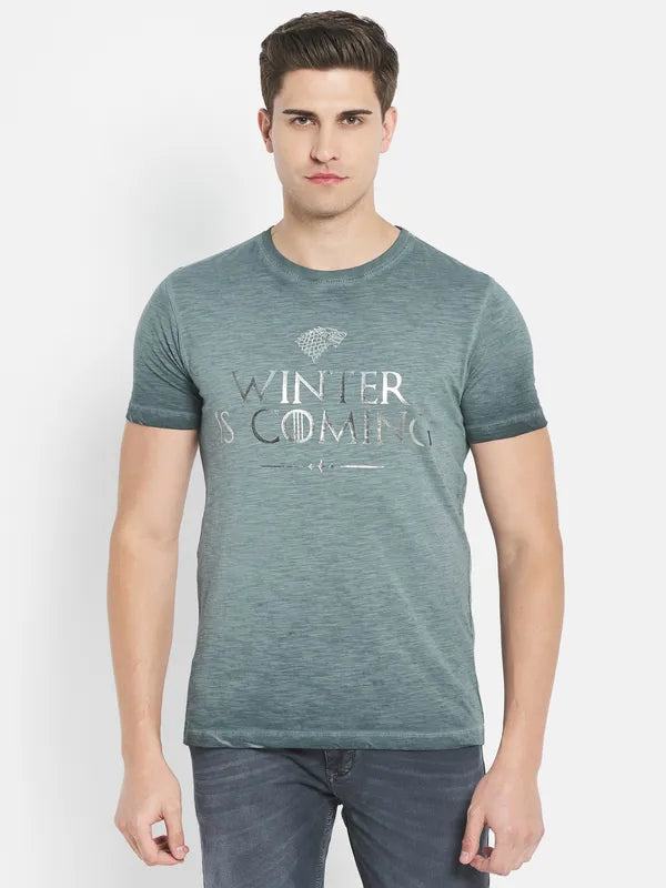 Octave Men Green Typography Printed Raw Edge T-Shirt