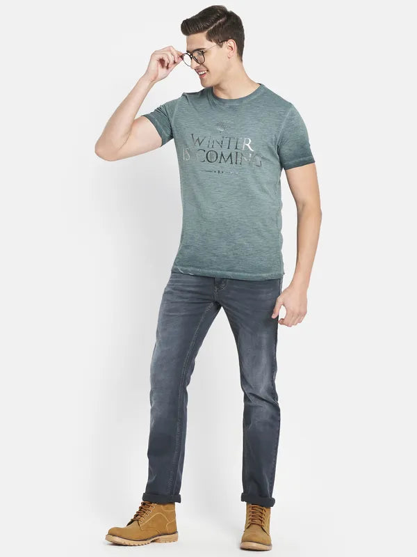Octave Men Green Typography Printed Raw Edge T-Shirt