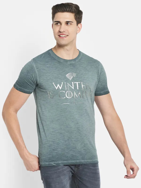 Octave Men Green Typography Printed Raw Edge T-Shirt