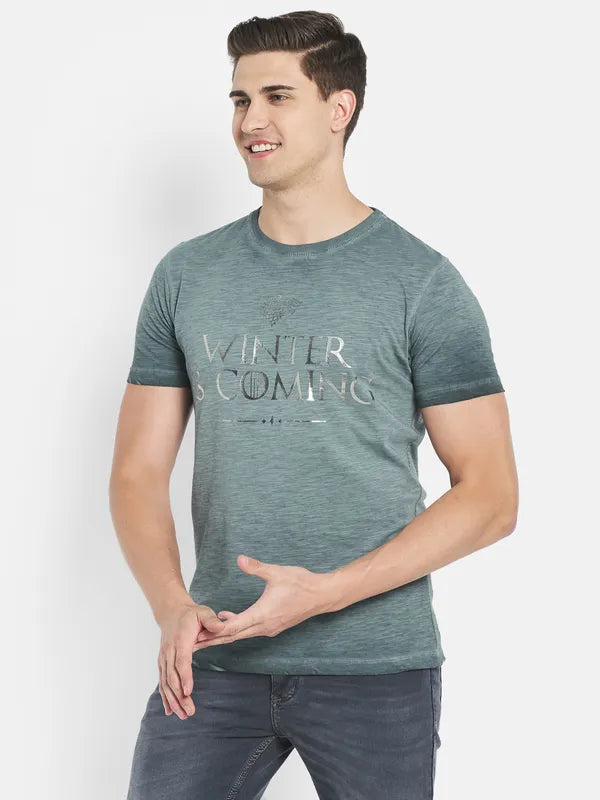 Octave Men Green Typography Printed Raw Edge T-Shirt