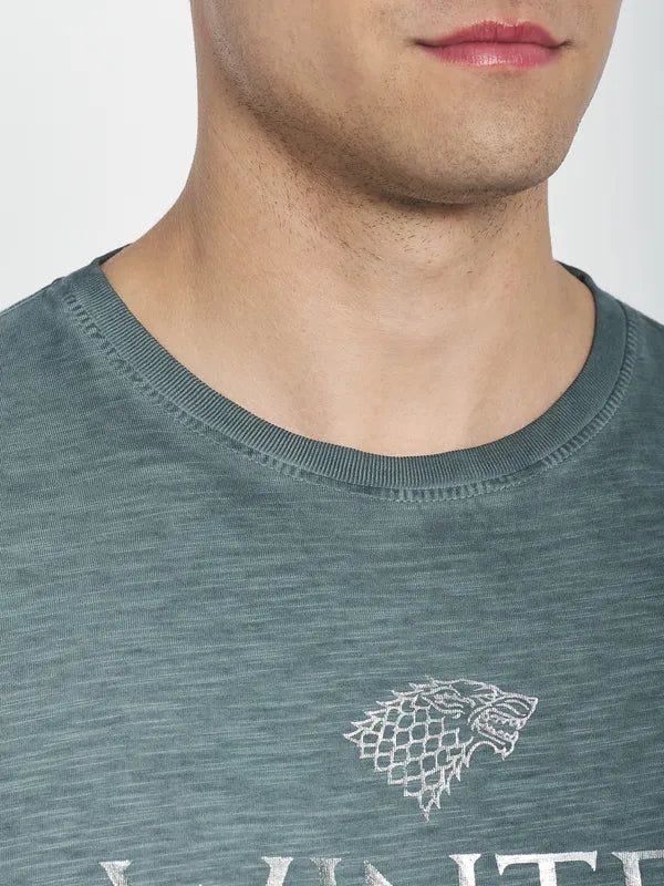 Octave Men Green Typography Printed Raw Edge T-Shirt