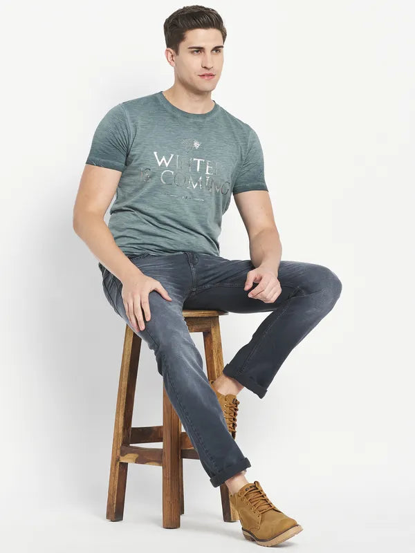 Octave Men Green Typography Printed Raw Edge T-Shirt