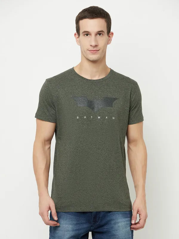 Octave Men Olive Green Typography Batman Printed Applique T-Shirt