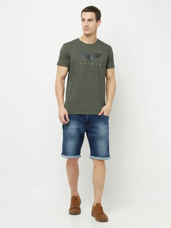 Octave Men Olive Green Typography Batman Printed Applique T-Shirt