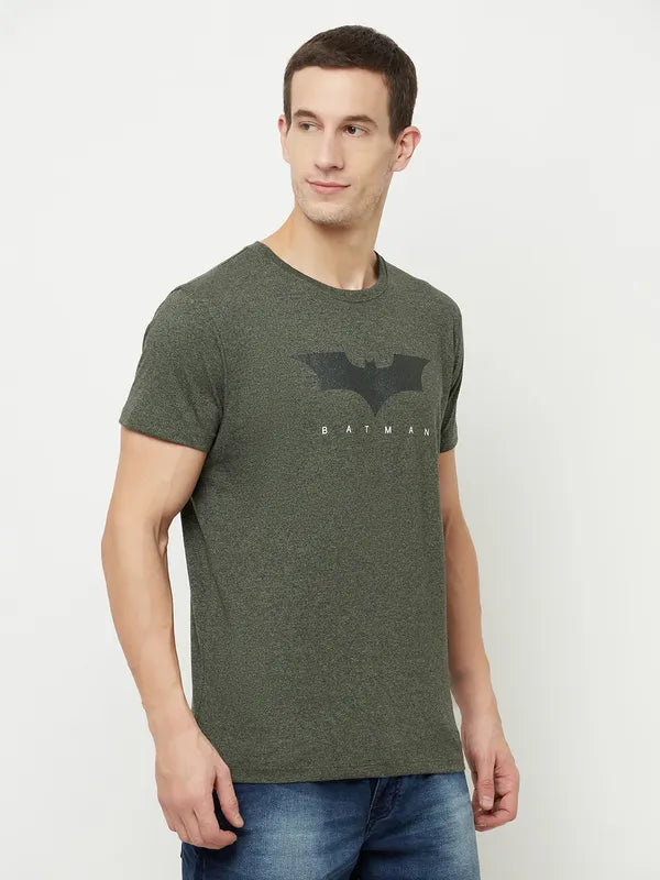 Octave Men Olive Green Typography Batman Printed Applique T-Shirt