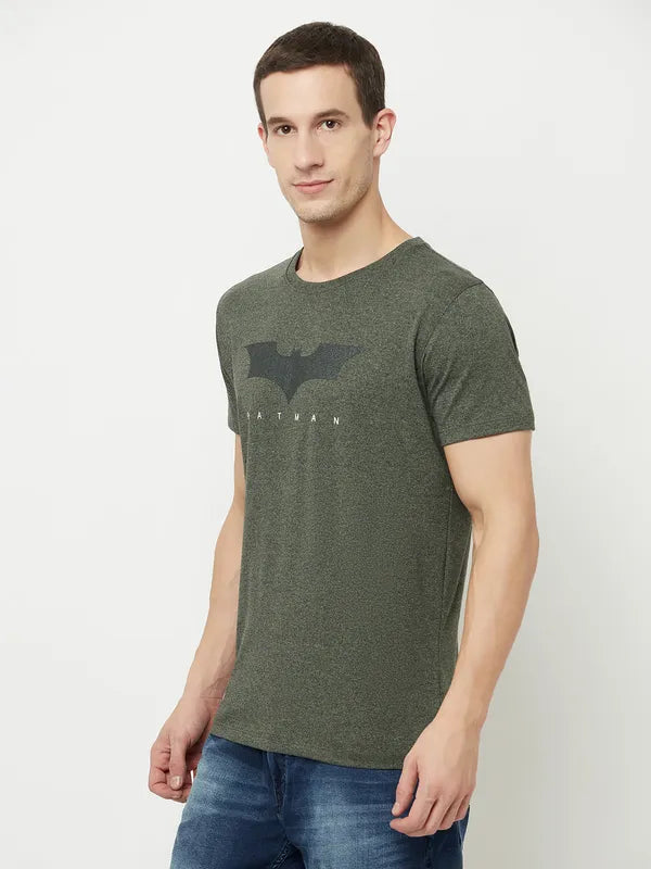 Octave Men Olive Green Typography Batman Printed Applique T-Shirt