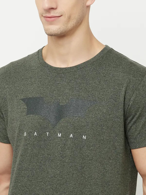 Octave Men Olive Green Typography Batman Printed Applique T-Shirt